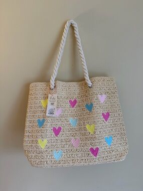 Cat & Jack Natural Straw Tote with Multicolor Heart Accents